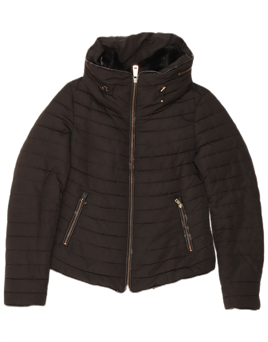 Zara Womens Hooded Padded Jacket UK 10 Small Black Polyester