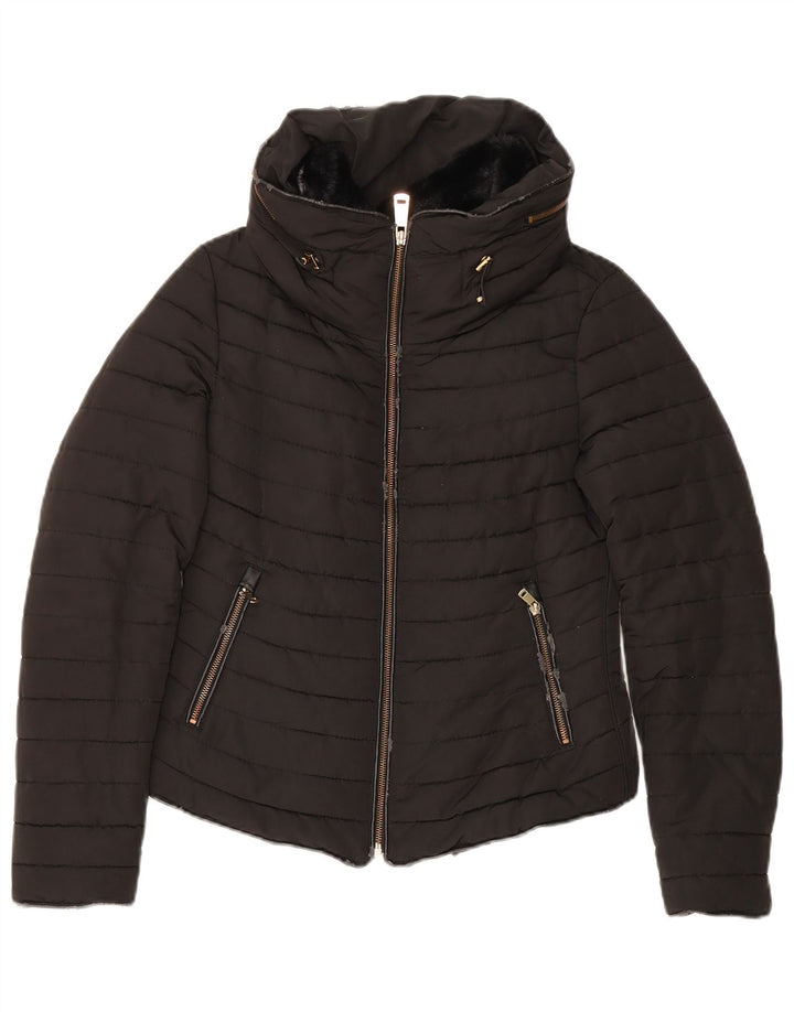 Zara Womens Hooded Padded Jacket UK 10 Small Black Polyester