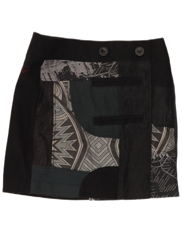Desigual Womens Wrap Skirt EU 40 Medium W32 Black Patchwork Wool