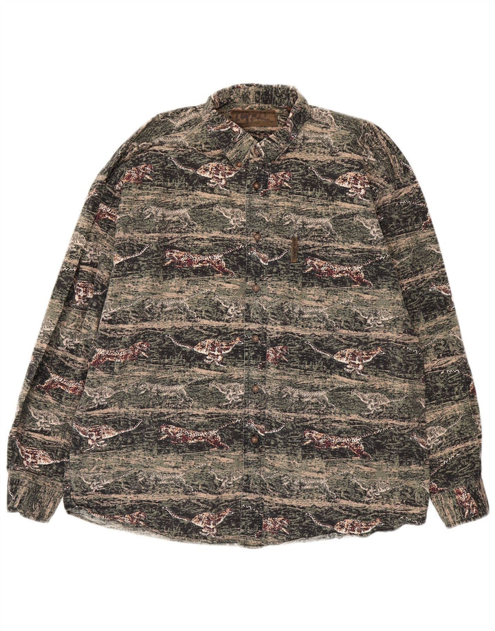 VINTAGE Mens Flannel Shirt Large Green Animal Print Cotton