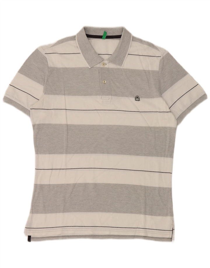 Benetton Mens Polo Shirt Medium Grey Striped