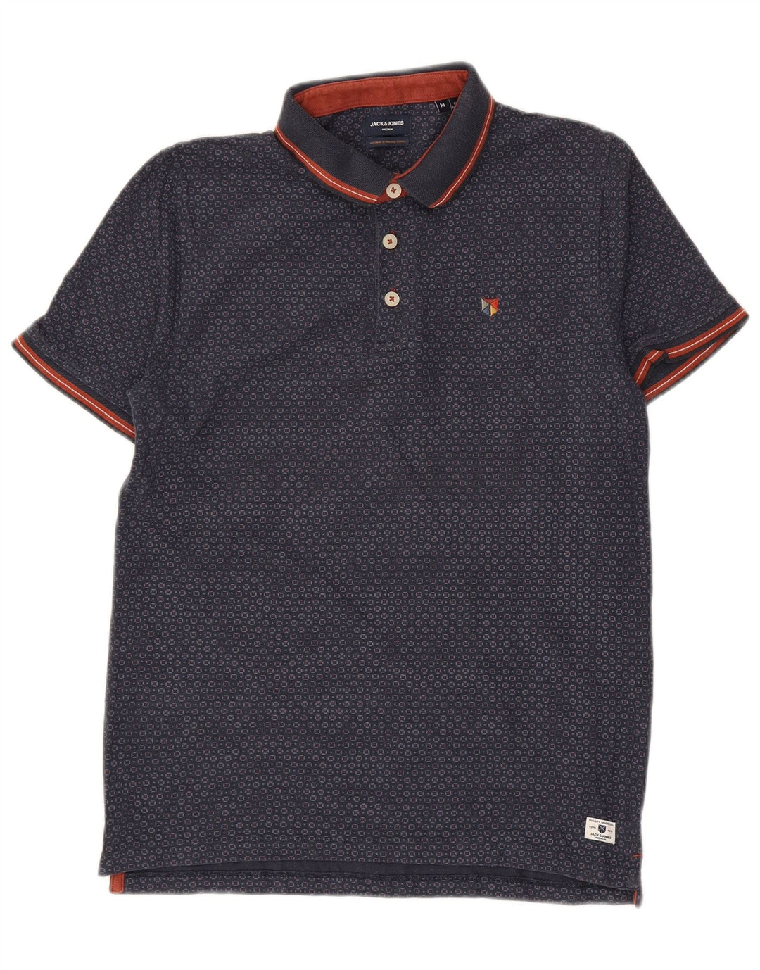 JACK & JONES Mens Premium Polo Shirt Medium Navy Blue Geometric Cotton