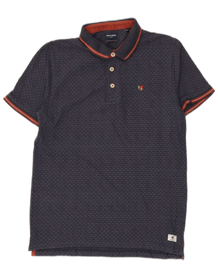 JACK & JONES Mens Premium Polo Shirt Medium Navy Blue Geometric Cotton