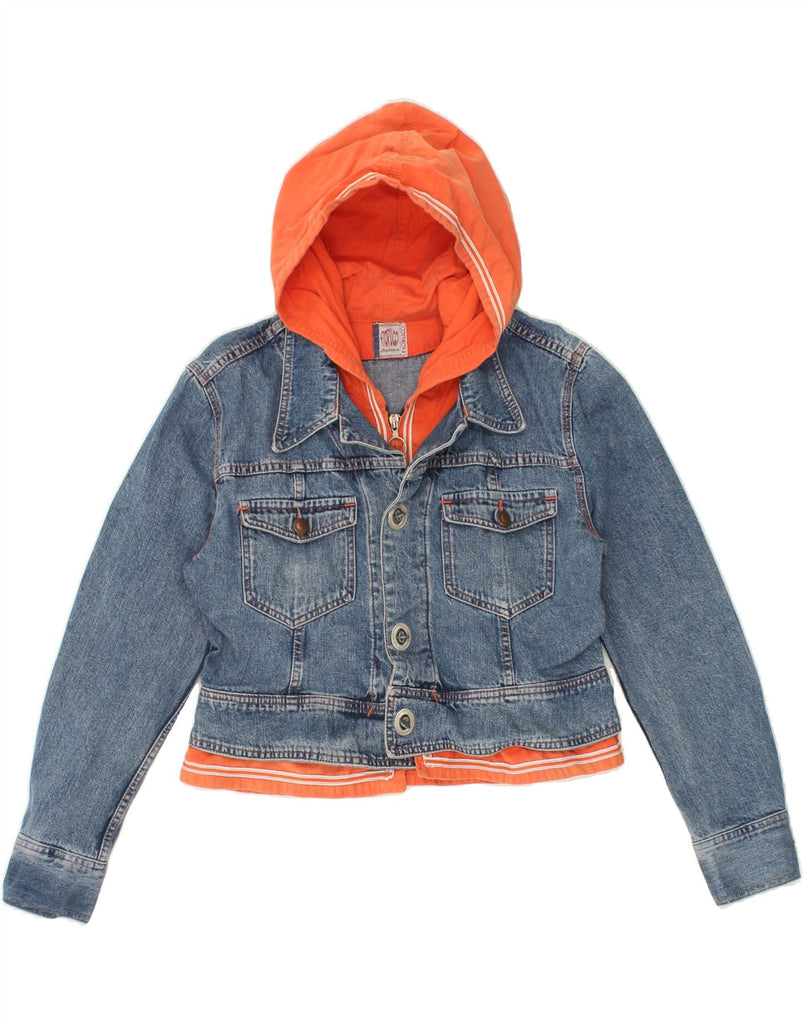 FIORUCCI Girls Crop Hooded Denim Jacket 14-15 Years Blue Colourblock Vintage Fiorucci and Second-Hand Fiorucci from Messina Hembry 