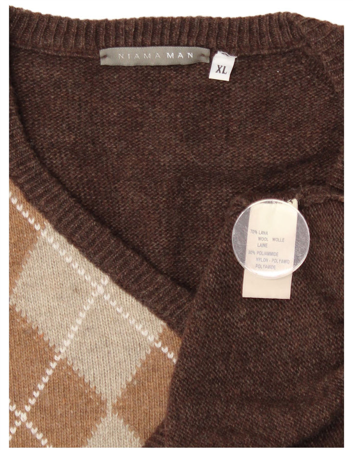 Vintage Mens V-Neck Jumper Sweater XL Brown Argyle/Diamond Wool
