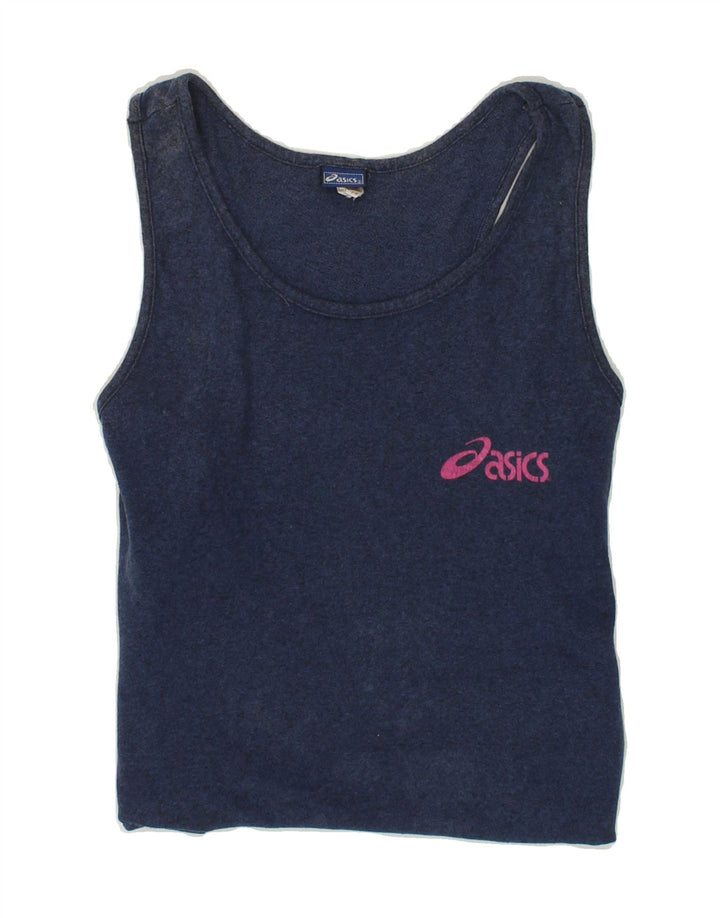 ASICS Womens Graphic Vest Top UK 12 Medium Navy Blue Cotton Vintage Asics and Second-Hand Asics from Messina Hembry 