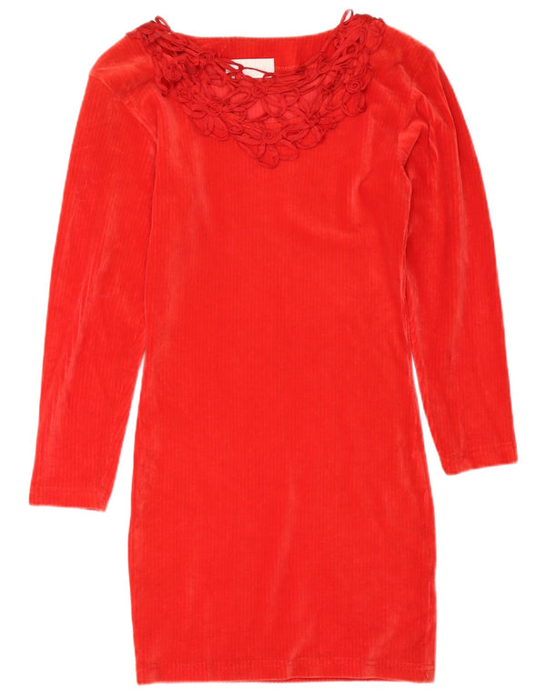 Vintage Womens Long Sleeve Velvet Sheath Dress UK 14 Medium Red Floral