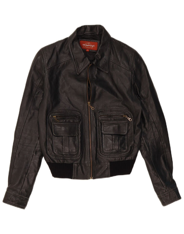 MONTGOMERY Womens Crop Leather Jacket UK 14 Large Black Leather