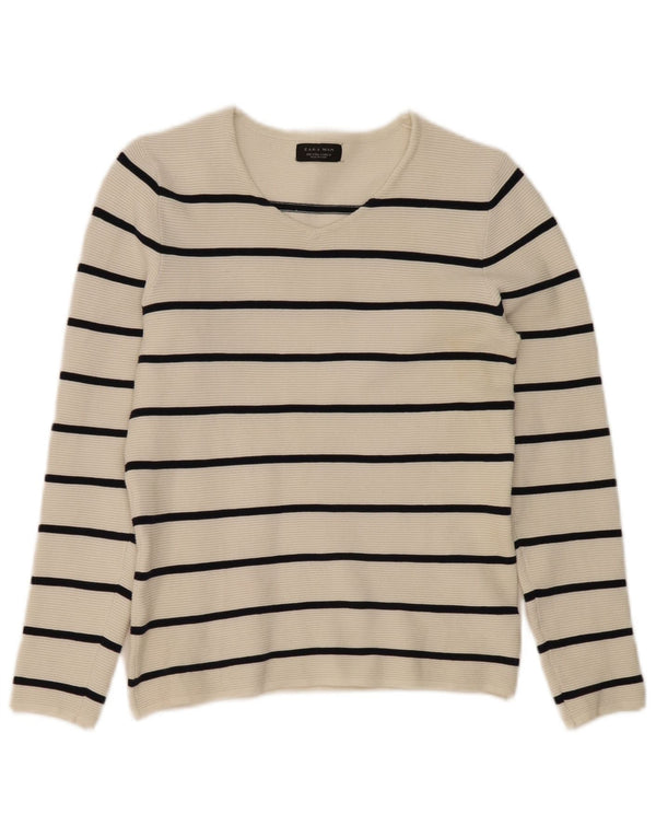 Zara Mens V-Neck Jumper Sweater Small White Striped
