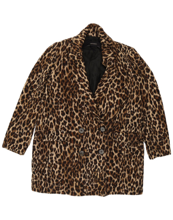 Zara Womens Double Breasted Coat UK 16 Large Brown Animal Print Cotton