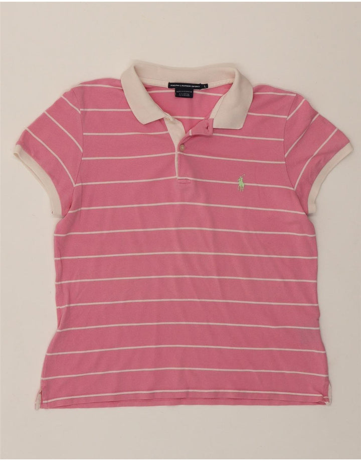 RALPH LAUREN Womens Polo Shirt UK 14 Large Pink Striped Cotton