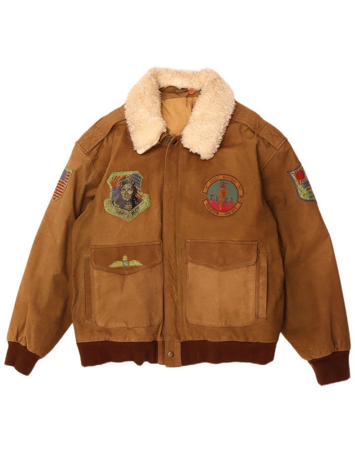 Vintage Mens Graphic Leather Jacket IT 56 3XL Brown