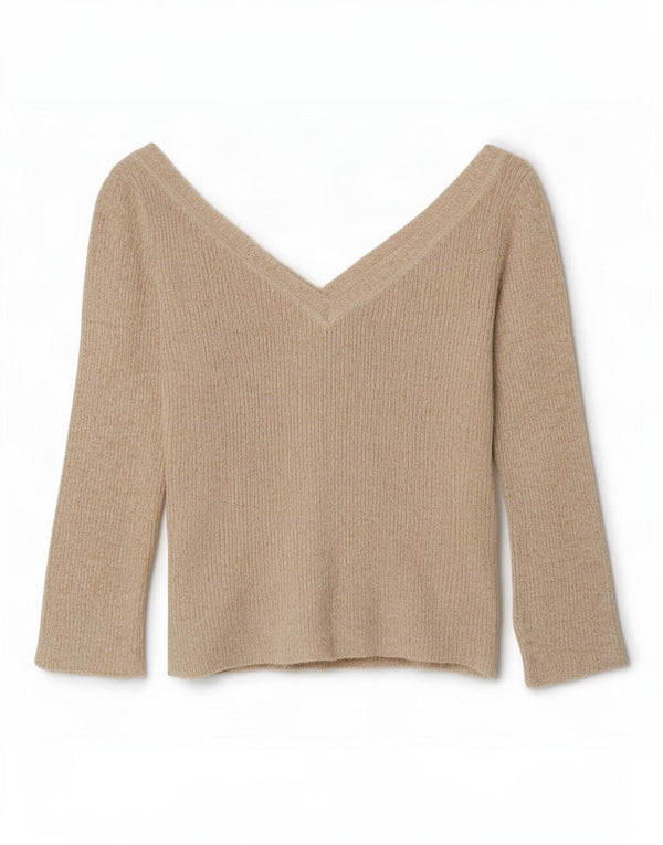 Zara Womens Crop 3/4 Sleeve V-Neck Jumper Sweater UK 14 Large Beige Flecked