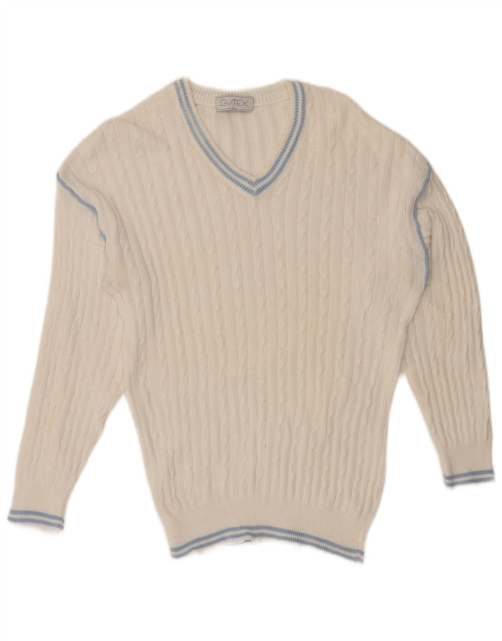 VINTAGE Mens V-Neck Jumper Sweater Small White Cotton