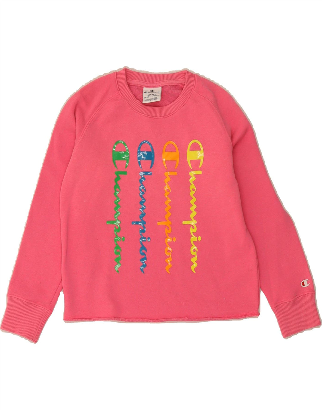 CHAMPION Girls Crazy Pattern Sweatshirt Jumper 7-8 Years Small  Pink Vintage Champion and Second-Hand Champion from Messina Hembry 