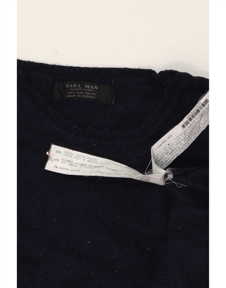 Zara Mens Crew Neck Jumper Sweater Large Navy Blue Viscose