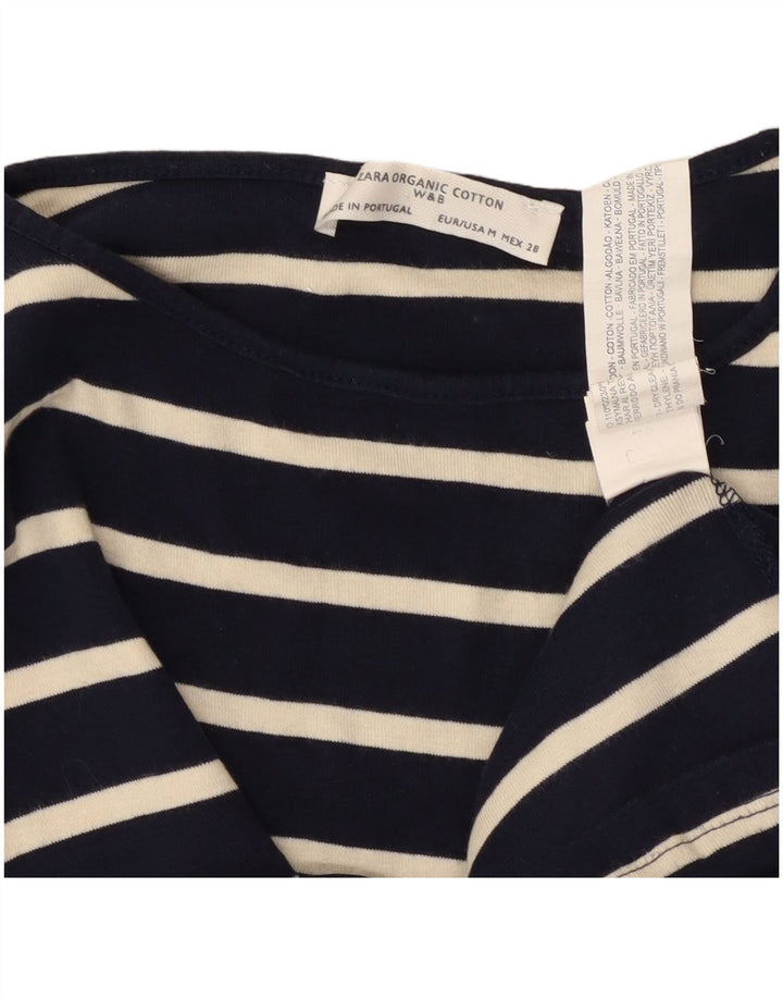 ZARA Womens Top 3/4 Sleeve UK 12 Medium Navy Blue Striped Cotton