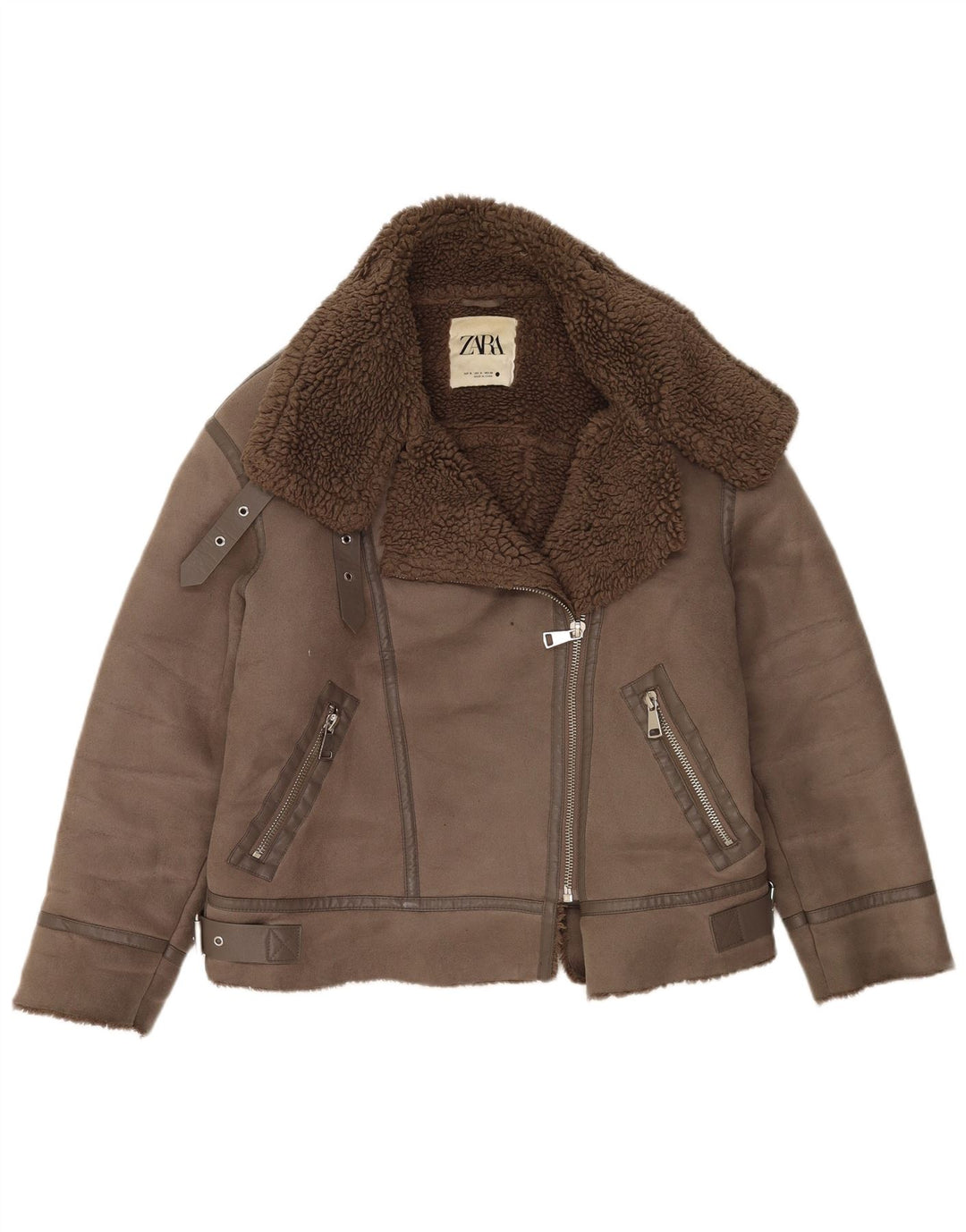 Zara Womens Sherpa Oversized Biker Jacket UK 10 Small Brown