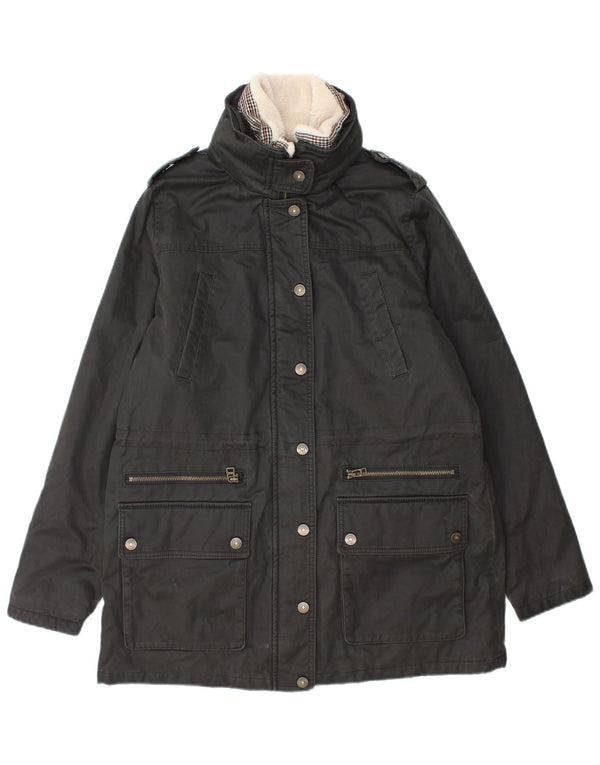 Fat Face Womens Military Hooded Waxed Jacket UK 14 Large Black