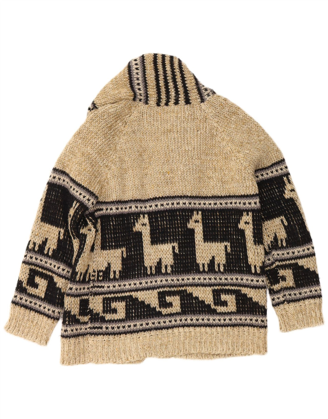 Vintage Mens Graphic Open Cardigan Sweater Medium Beige Colourblock