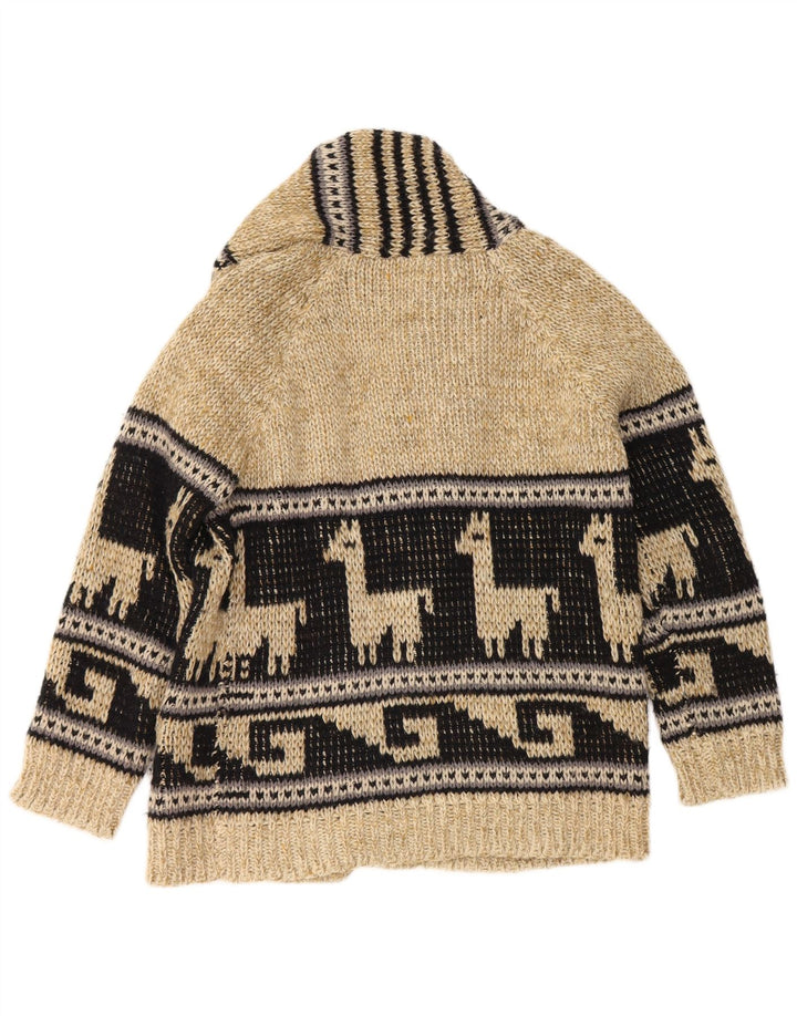 Vintage Mens Graphic Open Cardigan Sweater Medium Beige Colourblock