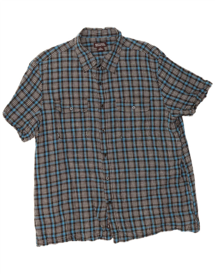 Michael Kors Mens Short Sleeve Shirt 2XL Blue Check Linen