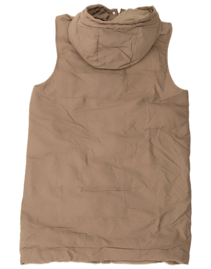 ZARA Womens Longline Hooded Padded Gilet UK 12 Medium Beige Polyester
