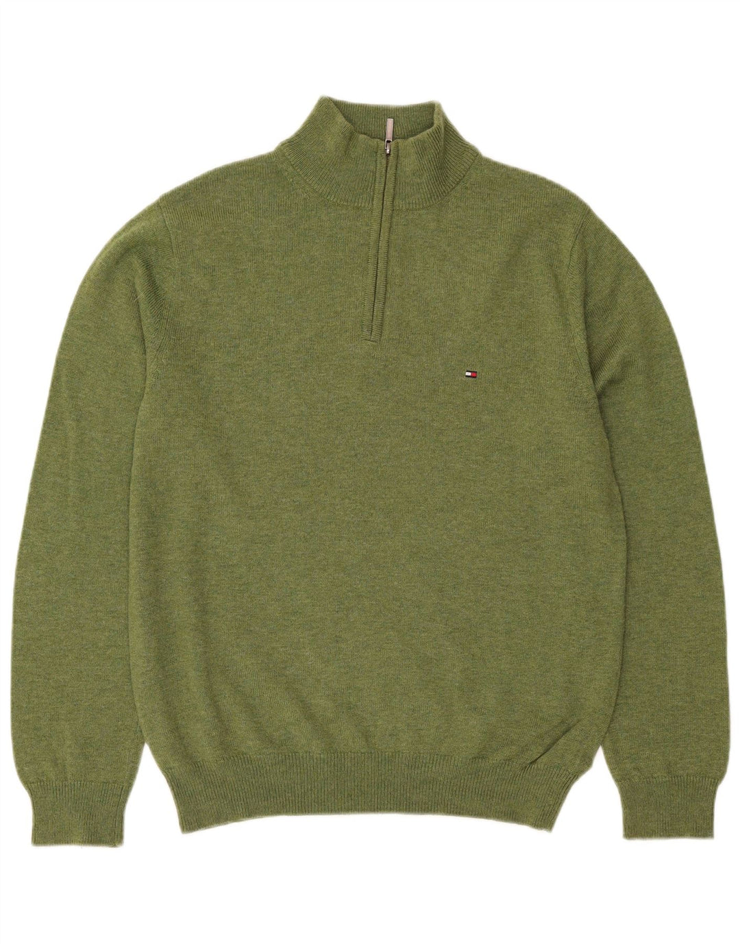 Tommy Hilfiger Mens Zip Neck Jumper Sweater Medium Green Lambswool