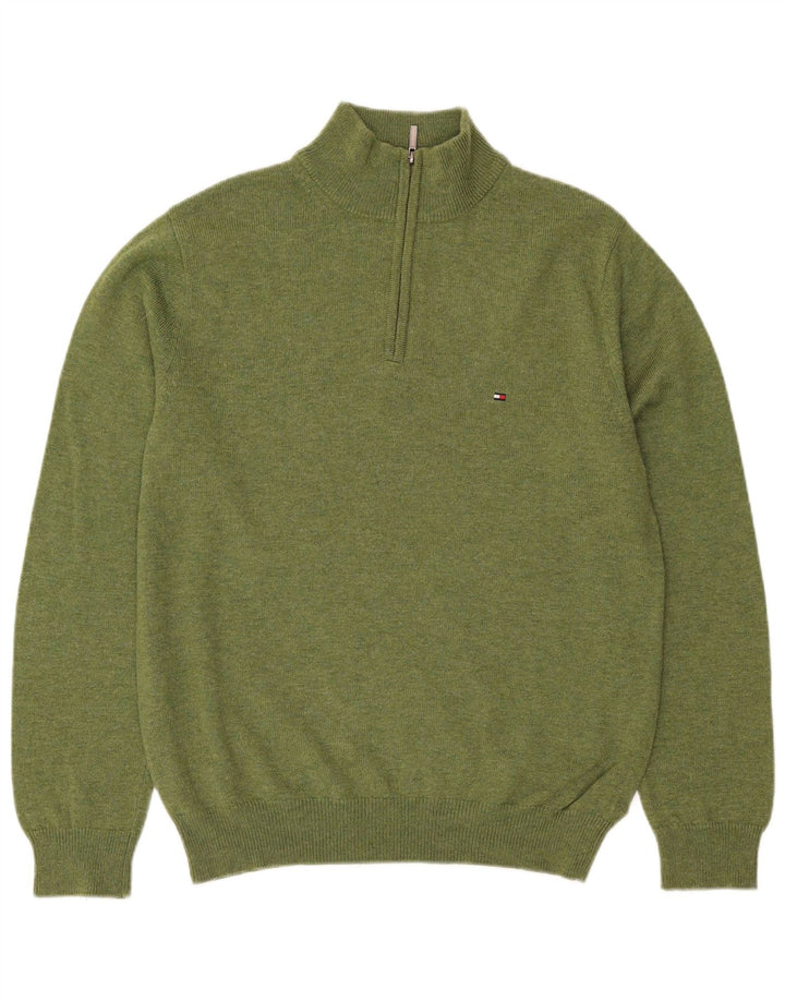 Tommy Hilfiger Mens Zip Neck Jumper Sweater Medium Green Lambswool
