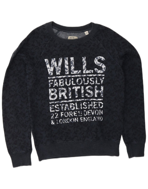 JACK WILLS Womens Graphic Sweatshirt Jumper UK 8 Small Navy Blue Floral