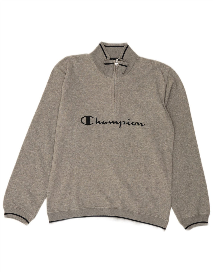 CHAMPION Mens Graphic Zip Neck Sweatshirt Jumper Small Grey Cotton
