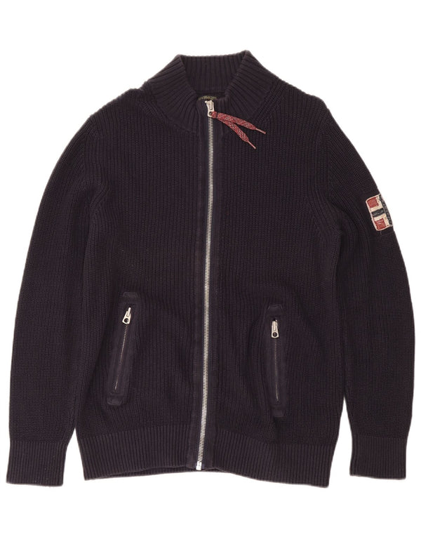 NAPAPIJRI Mens Geographic Cardigan Sweater Large Navy Blue Cotton