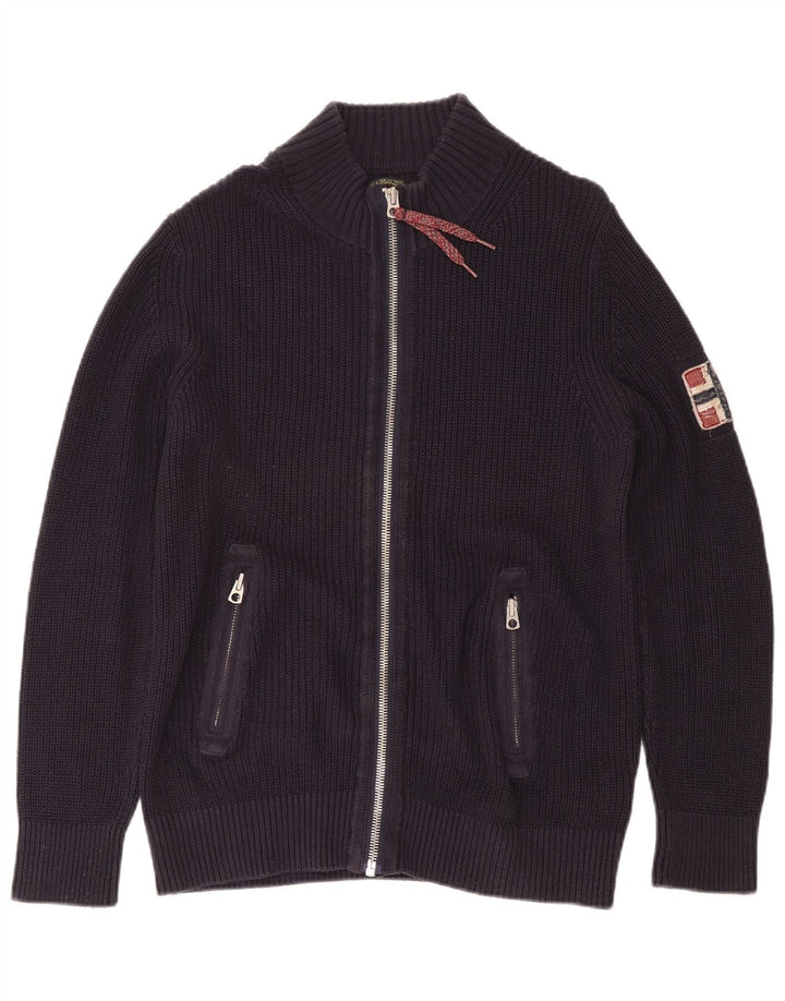NAPAPIJRI Mens Geographic Cardigan Sweater Large Navy Blue Cotton