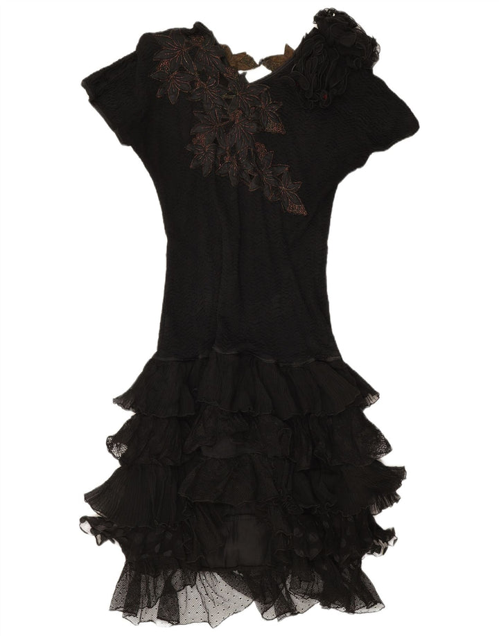Vintage Womens Tiered Dress UK 12 Medium Black Floral