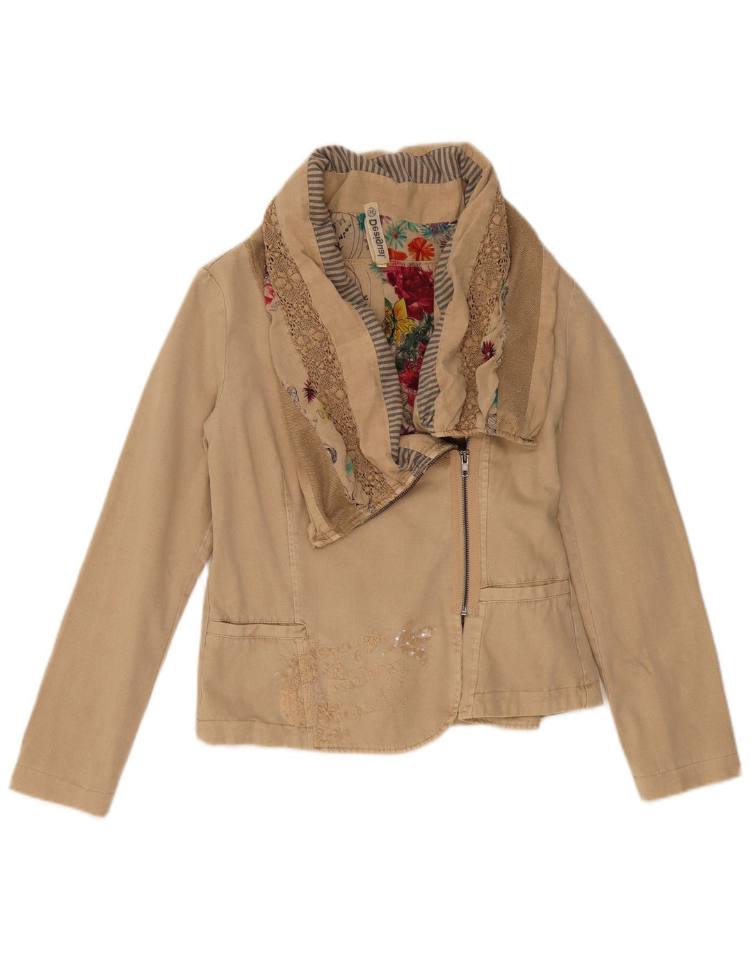 Desigual Womens Crop Bomber Jacket EU 36 Small Beige Colourblock Cotton