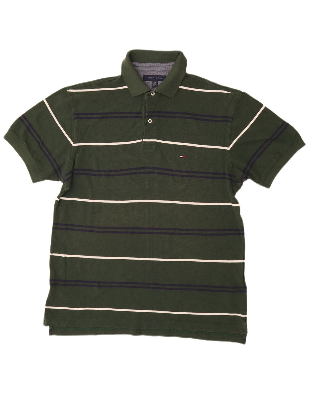 TOMMY HILFIGER Mens Polo Shirt Large Green Striped Cotton