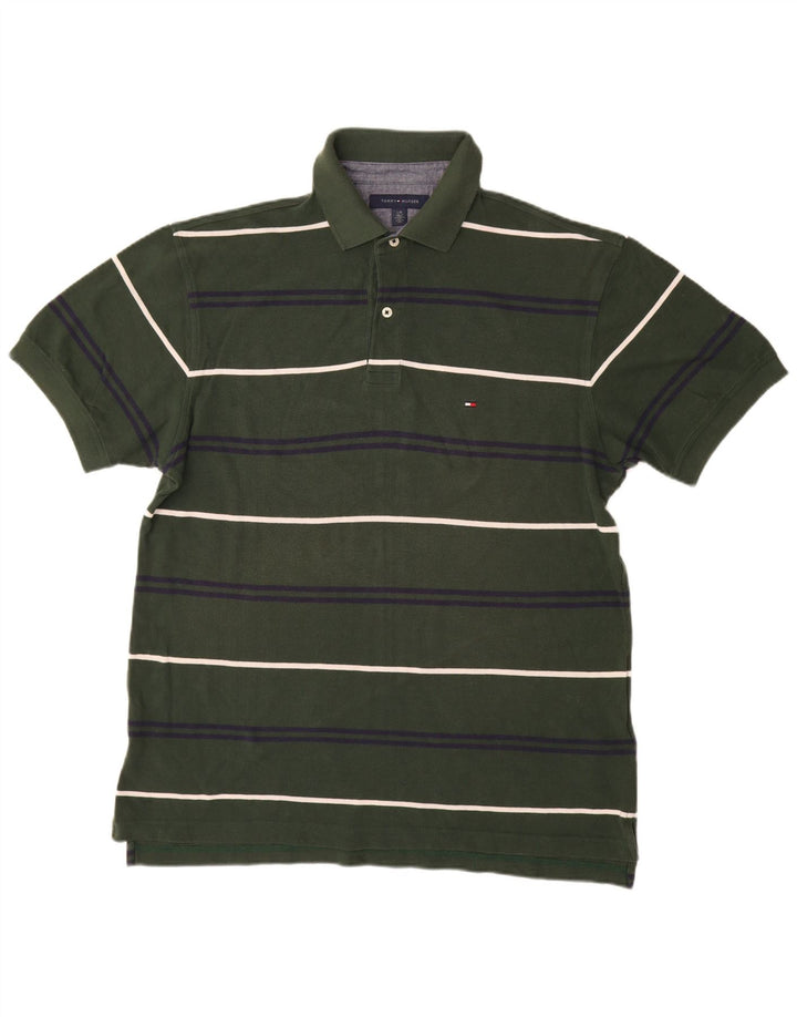 TOMMY HILFIGER Mens Polo Shirt Large Green Striped Cotton