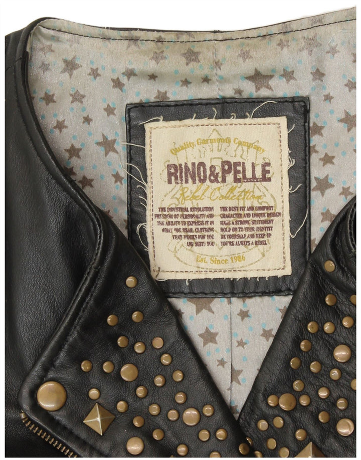 RINO & PELLE Womens Crop Biker Leather Jacket UK 12 Medium Black Leather