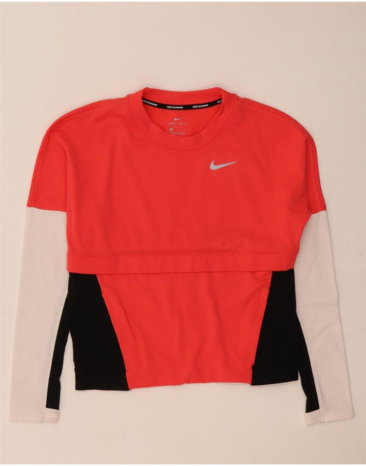 Nike Womens Dri Fit Oversized Top Long Sleeve UK 10 Small Red Colourblock