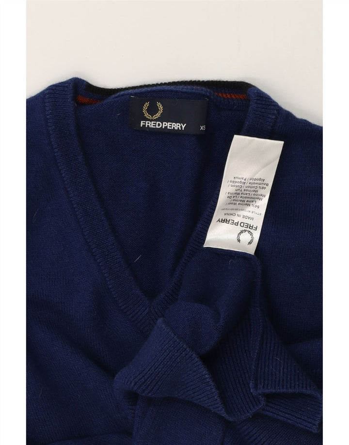 FRED PERRY Mens V-Neck Jumper Sweater XS Blue Wool