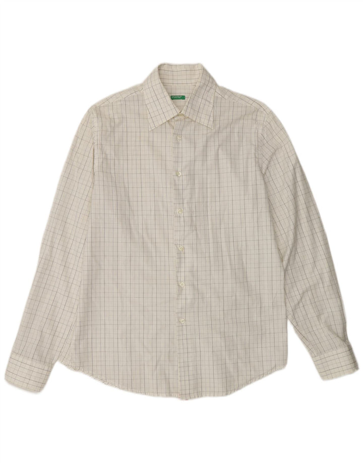 BENETTON Mens Shirt Medium White Check Cotton