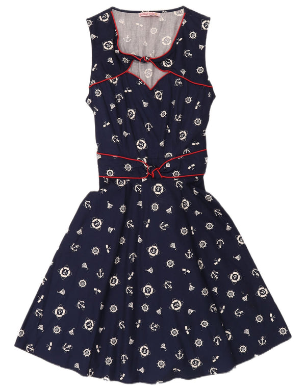 Trollied Dolly Womens Abstract Pattern A-Line Dress UK 14 Large Navy Blue