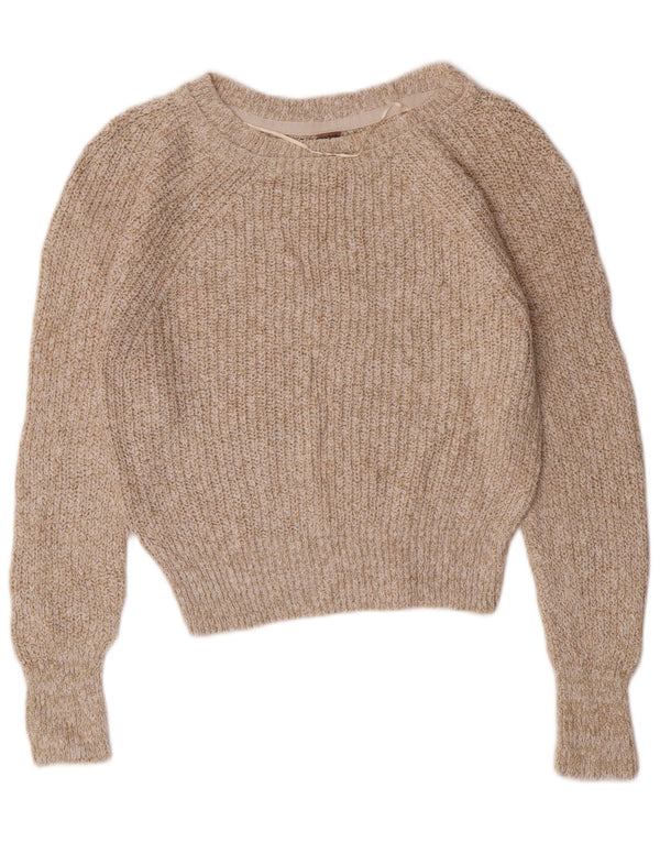PEPE Jeans Womens Crop Crew Neck Jumper Sweater UK 10 Small Beige Cotton