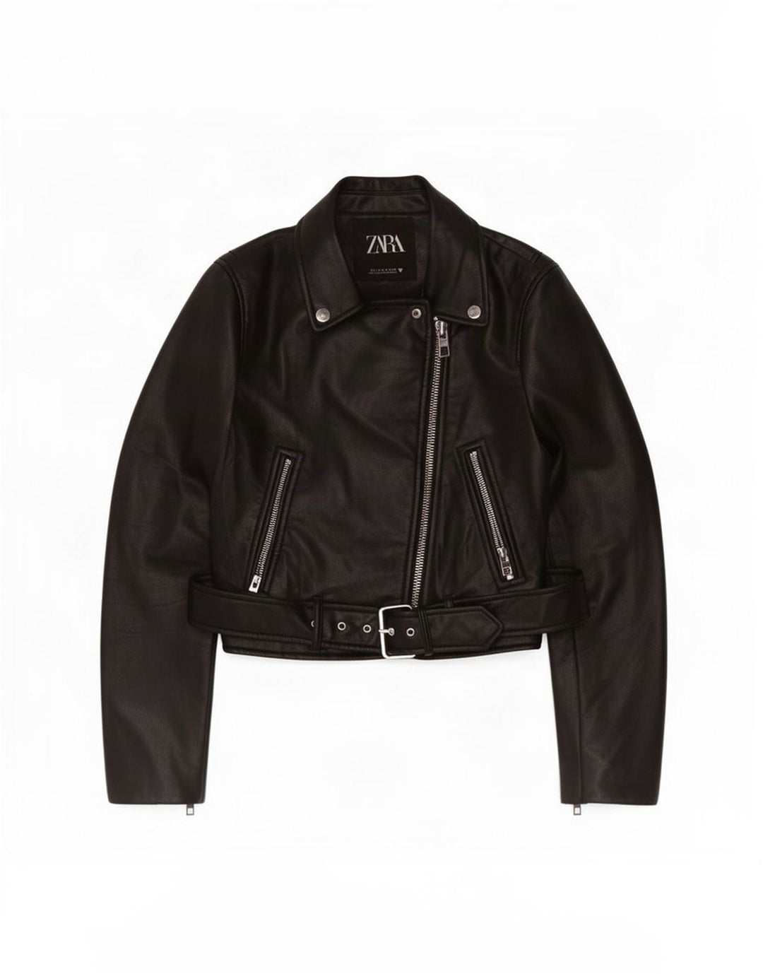 Zara Womens Crop Faux Leather Biker Jacket UK 10 Small Black Polyester