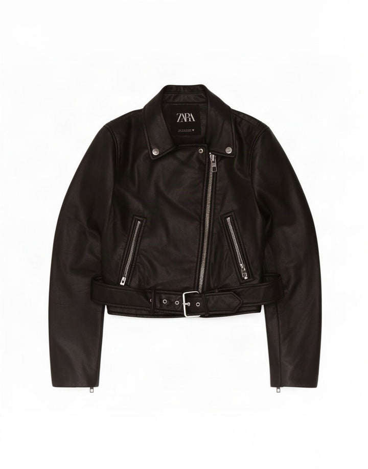 Zara Womens Crop Faux Leather Biker Jacket UK 10 Small Black Polyester