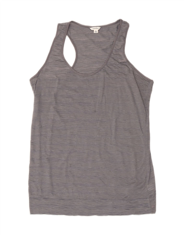 CALVIN KLEIN Womens Vest Top UK 14 Large Grey Striped Polyester