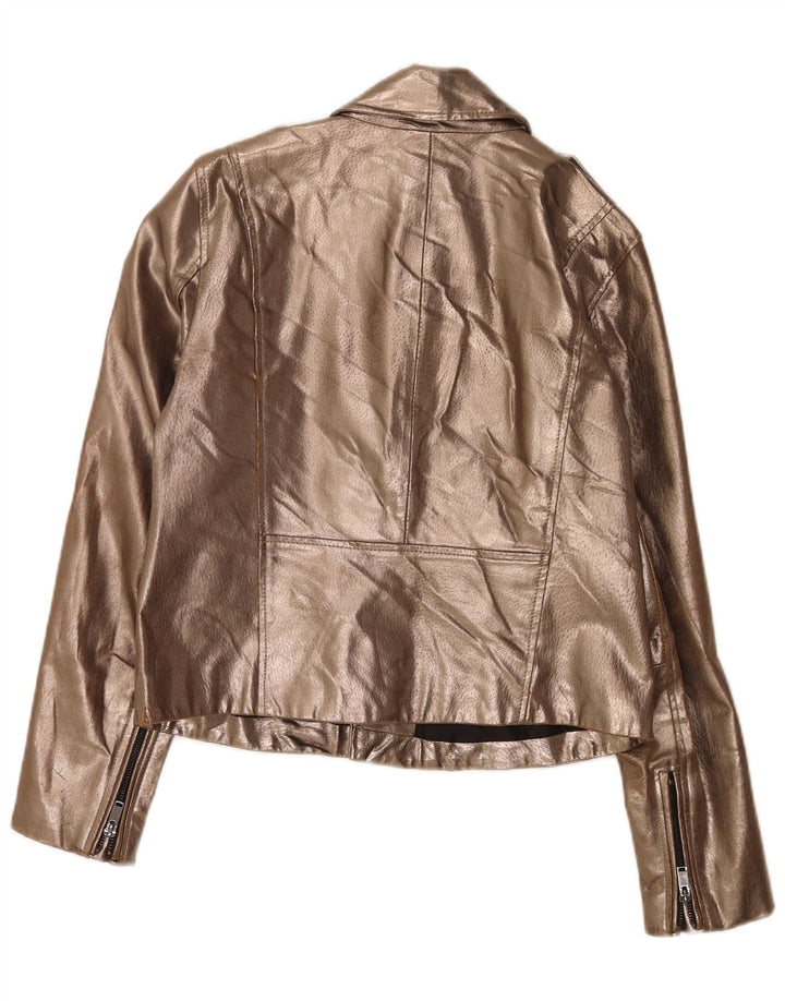 Zara Womens Leather Biker Jacket UK 14 Large Gold
