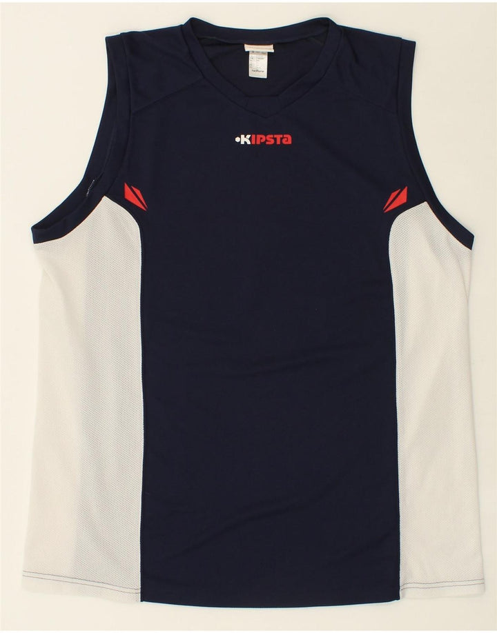 VINTAGE Mens Graphic Vest Top 2XL Navy Blue Colourblock Polyester Vintage Vintage and Second-Hand Vintage from Messina Hembry 