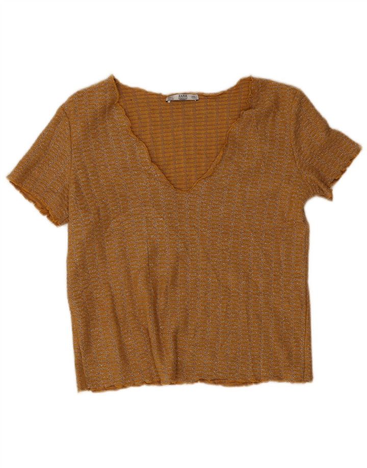 Zara Womens Crop Blouse Top UK 10 Small Yellow Flecked Polyester