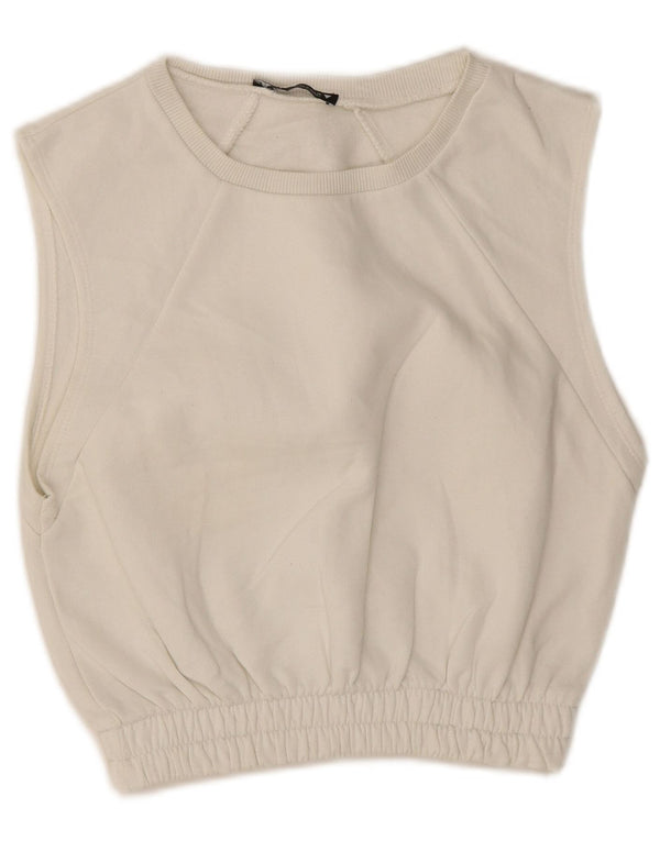 Zara Womens Crop Sleeveless Sweatshirt Jumper UK 10 Small White Cotton